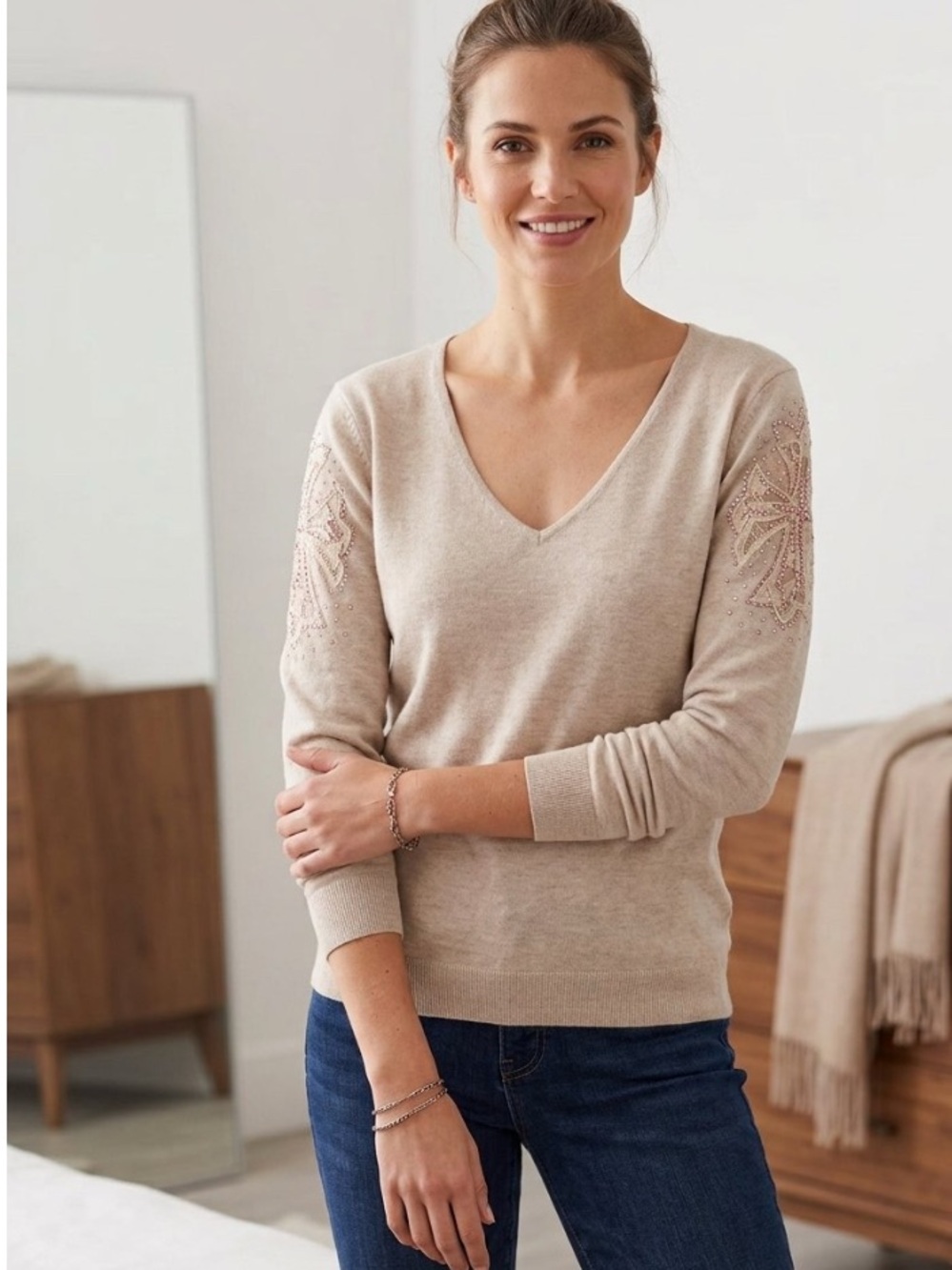 Holly & Whyte Cream V-Neck Sweater with Sleeve Embellishments